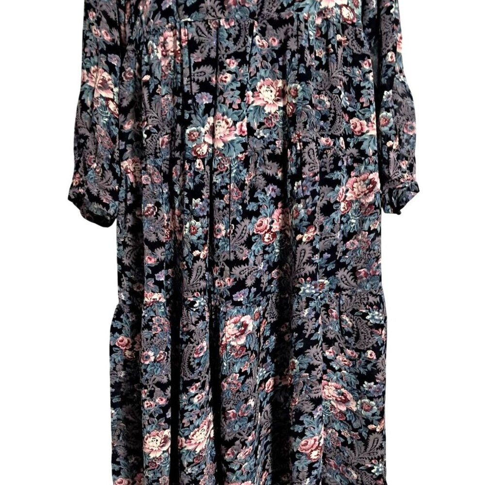 Vintage Nostalgia Floral Tiered Boho Maxi Midi Dress M Black Multicolor Gauzy 10 - Picture 10 of 16